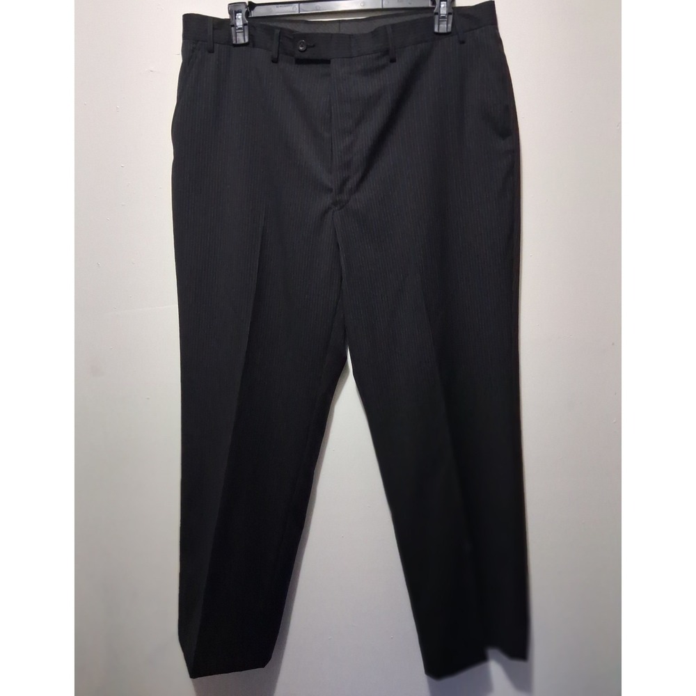J. Ferrar Mens Black Pinstripe Dress Pants Flat Front 40X32 Straight Leg Trouser